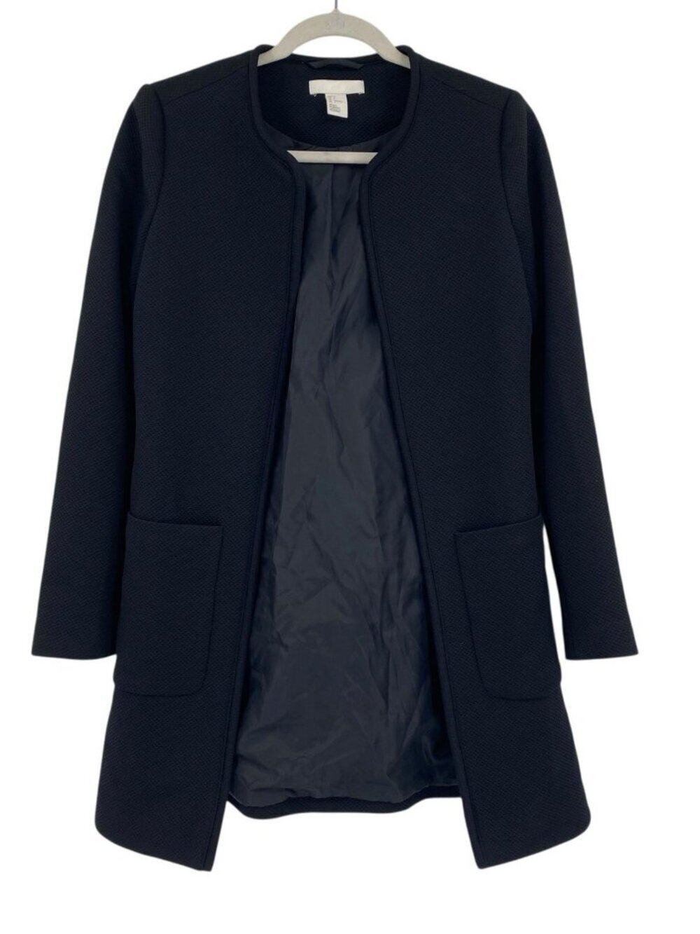 H&M Womens Size 4 Black Open Front Textured Weave Pockets Lined Jacket Coat - Picture 1 of 9